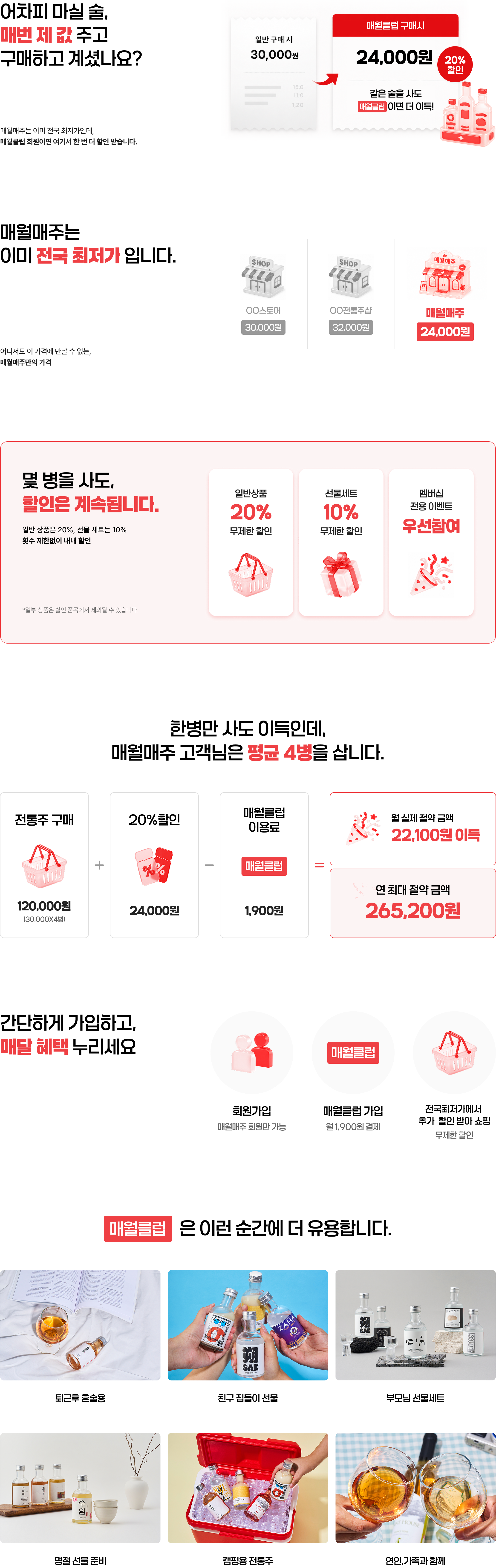 매월클럽 혜택. 매번 제 값 대신 20% 할인, 전국 최저가, 무제한 할인, 평균 4병 기준 절약, 매달 혜택